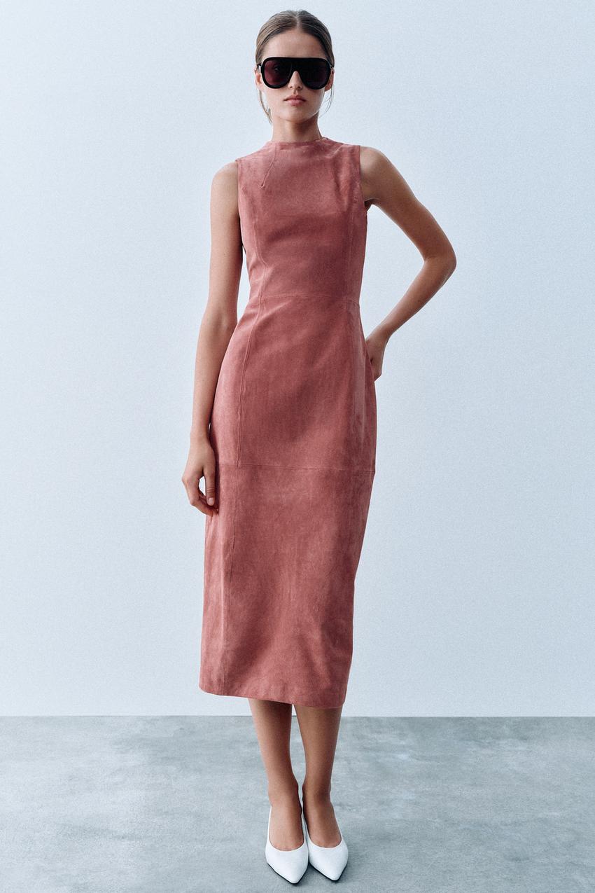 100% LEATHER MIDI DRESS - Pink