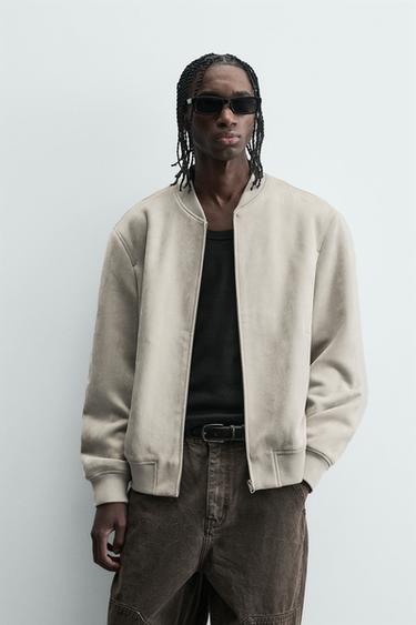 Zara FAUX SUEDE BOMBER JACKET - Pearl gray