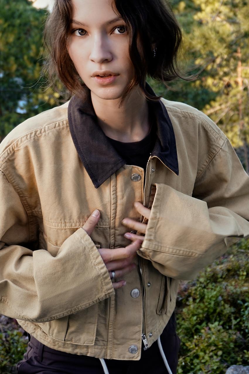 コントラストカラー 襟付きクロップドジャケット - ゴールデンブラウン  