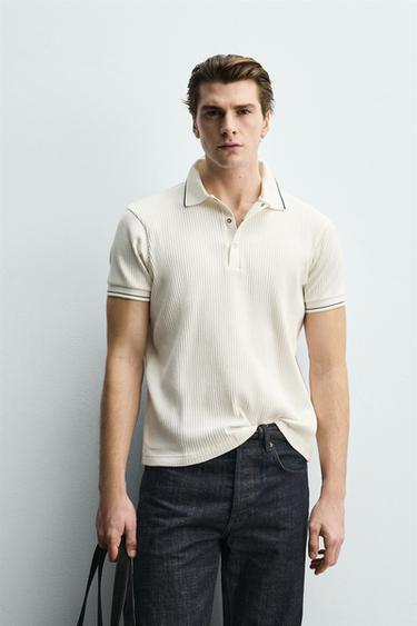 REGULAR FIT RIBBED POLO SHIRT - Oyster-white by Zara