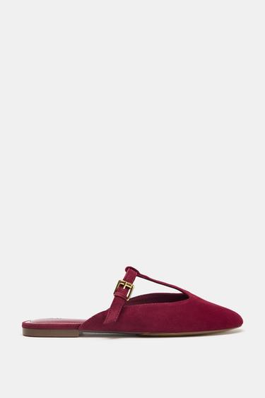 Zara 麂皮露跟平底涼鞋 - 紅色