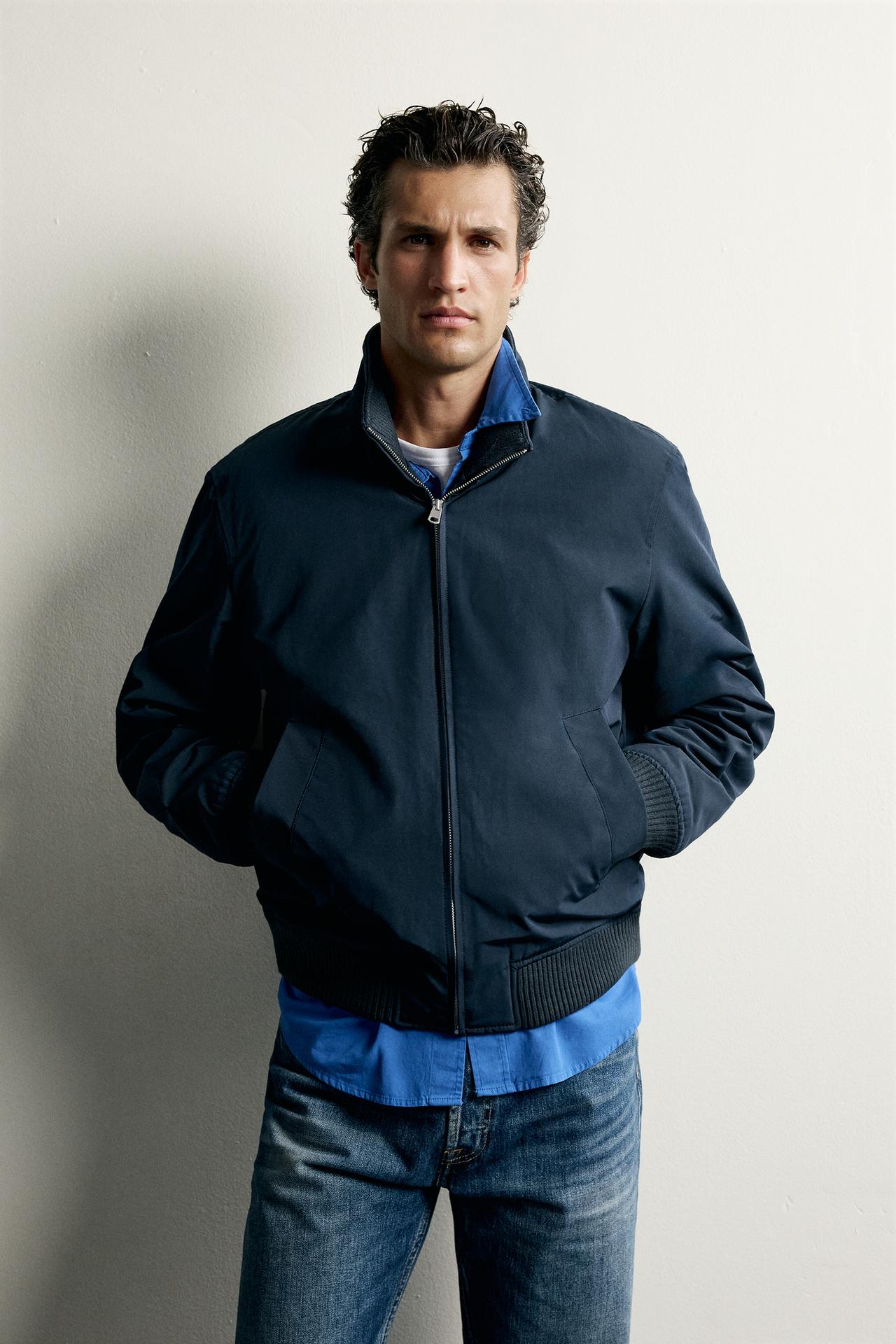 QUILTED REGULAR FIT BOMBER JACKET — Navy blue