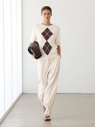 Zara Short sleeve knit argyle sweater - Ecru - Image 0