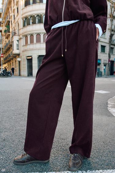 Zara WIDE LEG ELASTIC WAIST PANTS - Burgundy