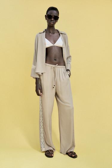 Zara EMBROIDERED SLEEVE SHIRT - Sand - Image 0