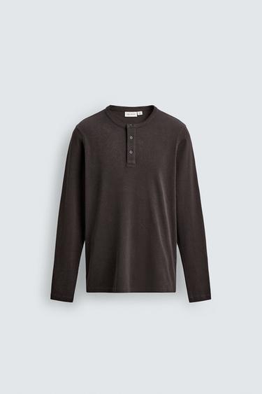 Zara 羅紋紐扣領 T 恤 - 黑色 / 棕色