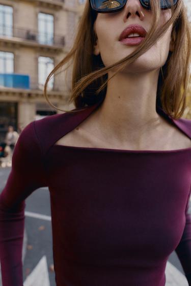 RIBBED LONG SLEEVE T-SHIRT - Wine by Zara - Image 1
