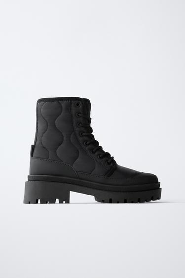 QUILTED LACE-UP ANKLE BOOTS - Black by Zara