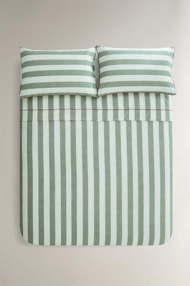 VERWASSEN KATOENEN DEKBEDOVERTREK MET STREPEN - Groen van Zara