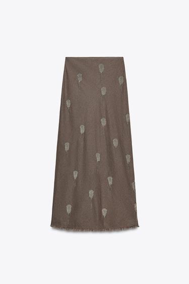 FALDA BORDADOS CON LINO ZW COLLECTION - Gris vigoré de Zara
