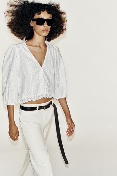 CUTWORK EMBROIDERY BLOUSE - Oyster-white by Zara