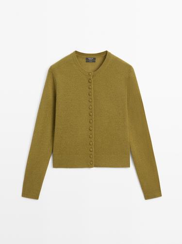 Zara 100% wool knit cardigan with covered buttons - Olive green