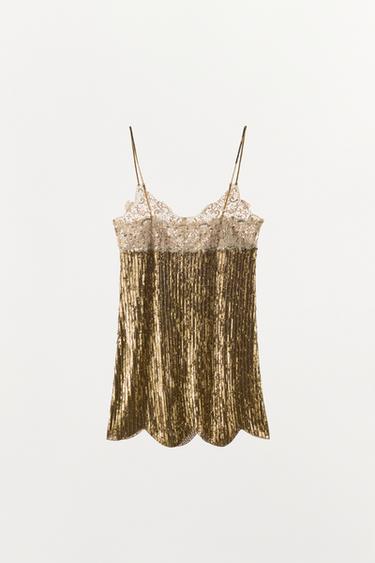 SEQUINNED LACE MINI DRESS - Gold by Zara - Image 5