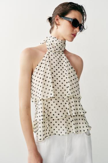 Zara 波點荷葉邊上衣 - 裸色 / 黑色