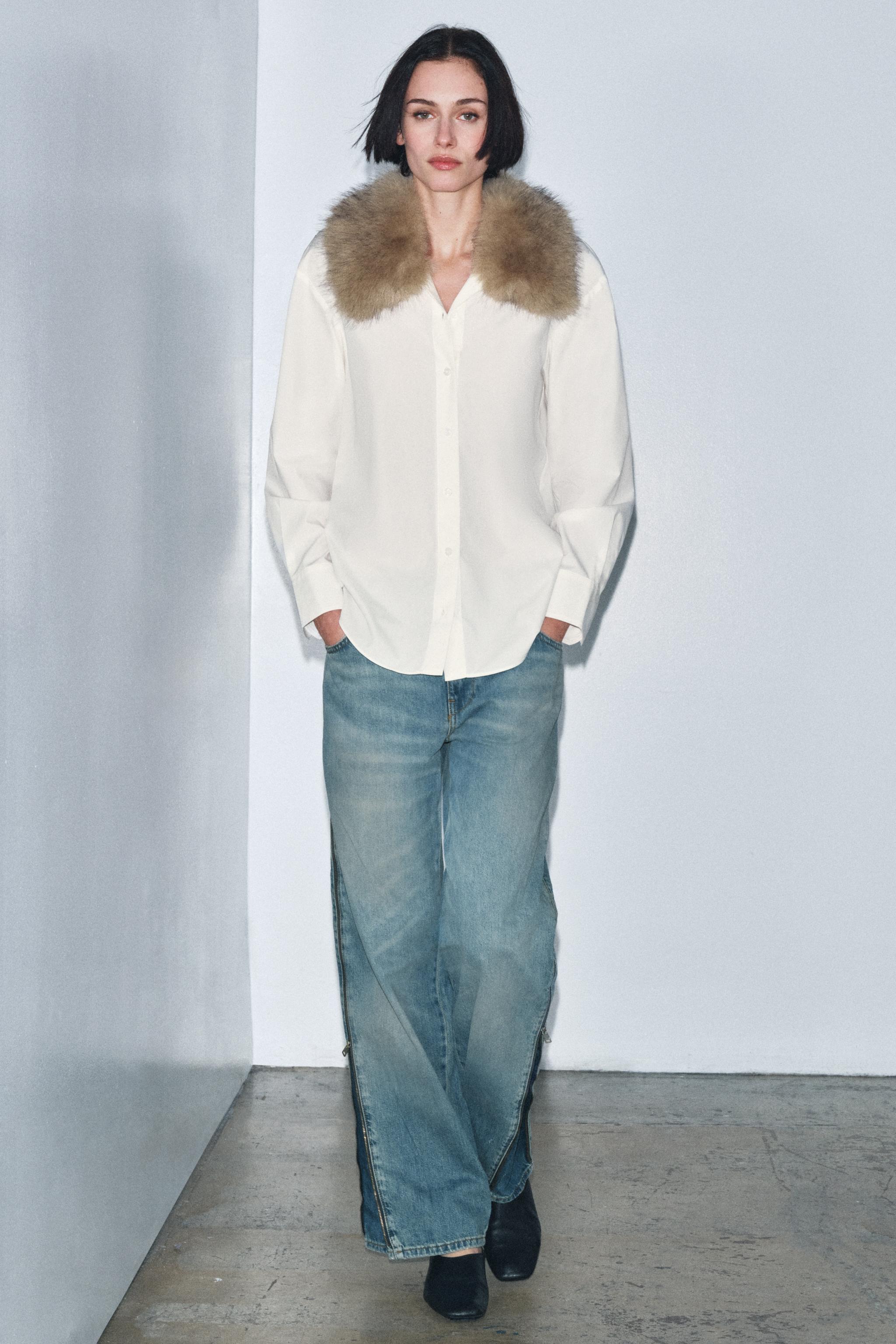 CAMISA DE POPELINE COM GOLA FAUX FUR ZW COLLECTION - Creme | ZARA