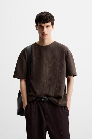 Zara RELAXED FIT STRUCTURED T-SHIRT - Chocolate