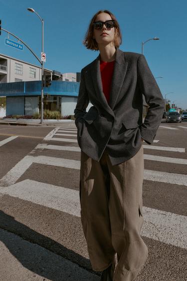 Zara OVERSIZED PLAID DOUBLE-BREASTED WOOL BLAZER - Mink brown