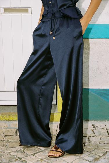 SATIN WIDE-LEG TROUSERS - Navy blue by Zara