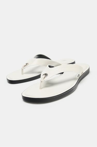 SANDALES PLATES EN CUIR - Blanc de Zara - Image 3
