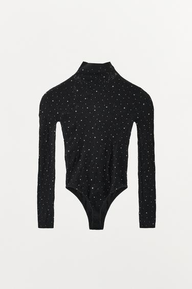 SEAMLESS LACE BODYSUIT WITH RHINESTONES - Black by Zara - Image 3
