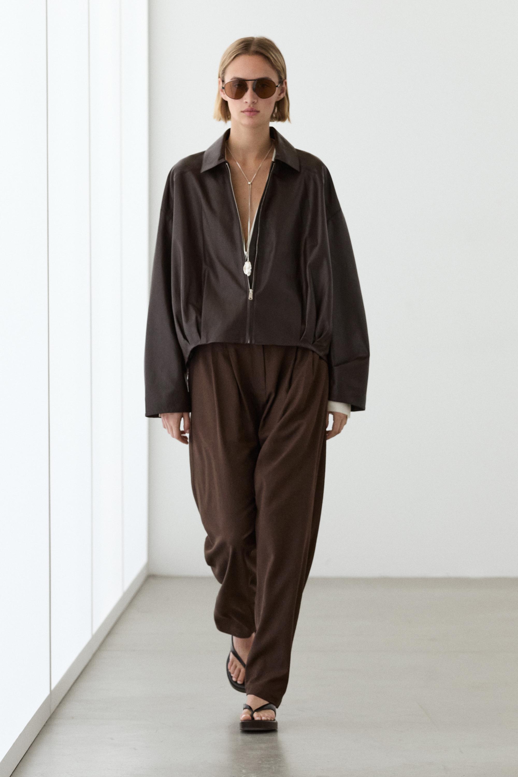 Nappa leather bomber jacket with pleat detail — Brown