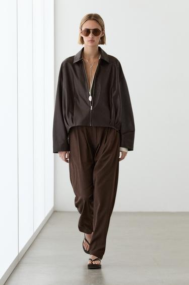 Zara Nappa leather bomber jacket with pleat detail - Brown - Image 0