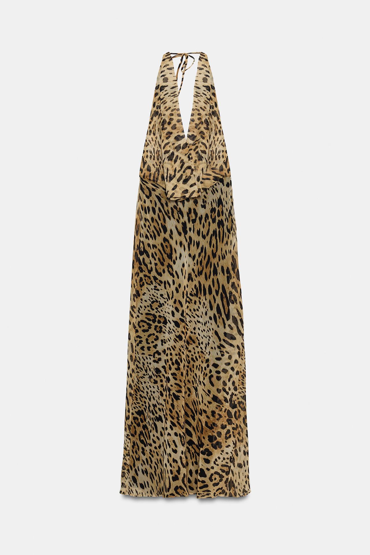 ANIMAL PRINT GEORGETTE HALTER LONG DRESS — Leopard