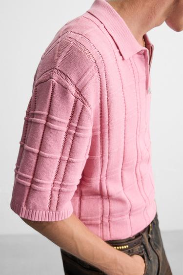 CHECKERED JACQUARD KNIT POLO SHIRT - Pink by Zara - Image 5
