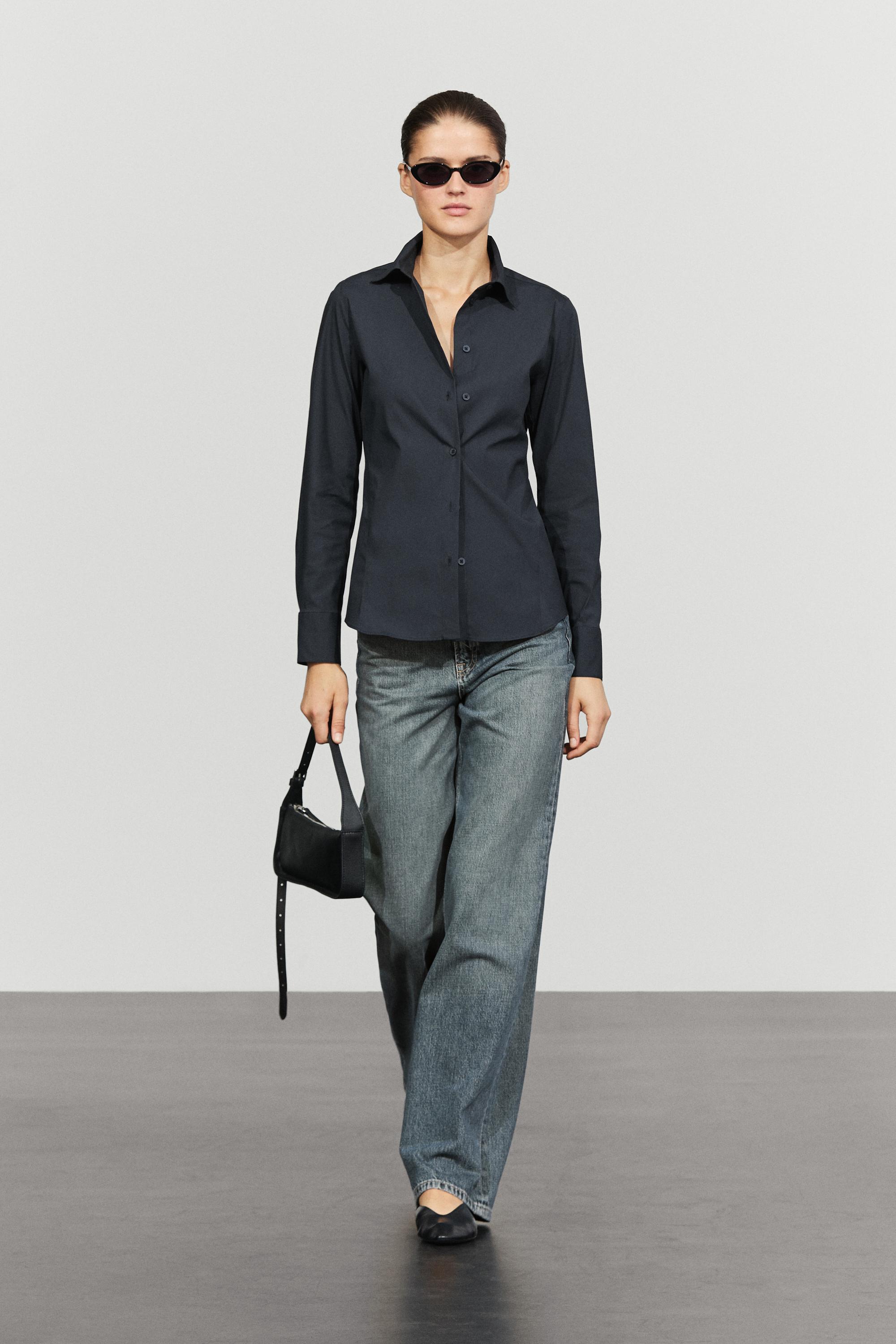 Cotton blend poplin shirt — Navy blue