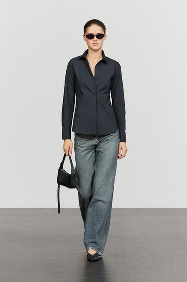 Zara Cotton blend poplin shirt - Navy blue - Image 0