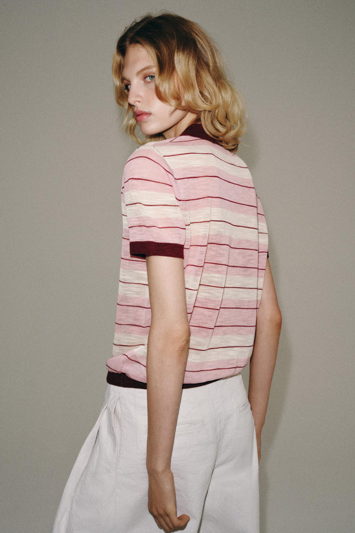 Поло Zara Striped Knit Polo, цвет: Розовый / Белый — фото 3