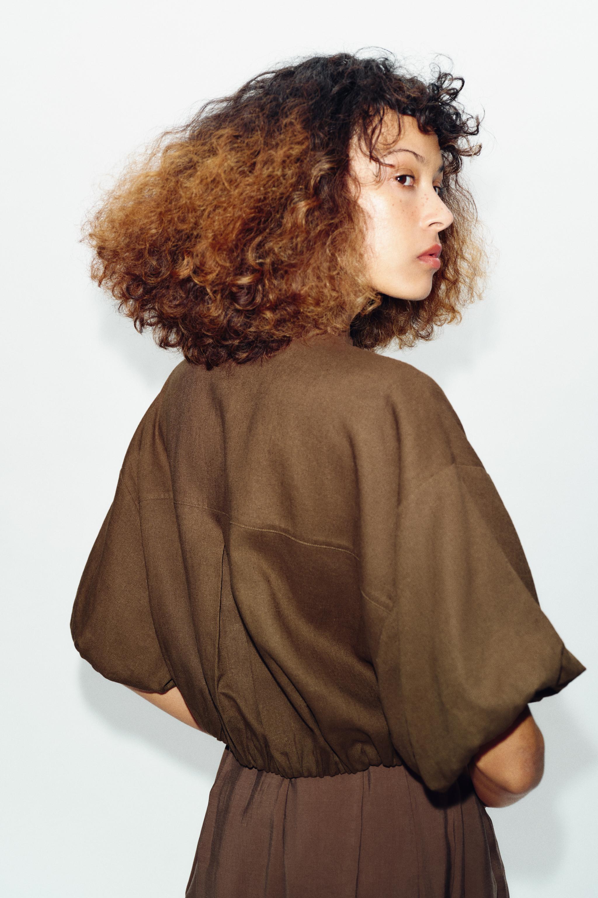 LINEN BLEND PUFF SLEEVE SHIRT - Brown / Taupe | ZARA India