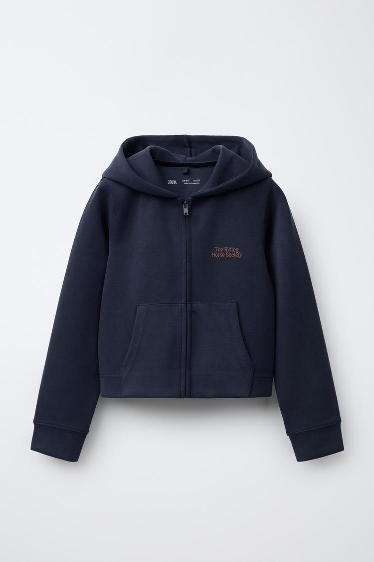EMBOSSED TEXT HOODIE JACKET Blue ZARA Singapore - Main Image