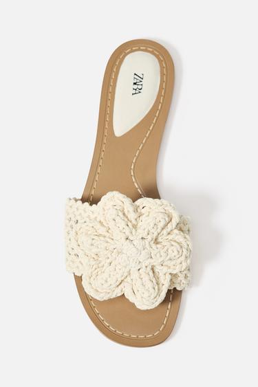 Zara CROCHET BOW FLAT SANDALS - Ecru