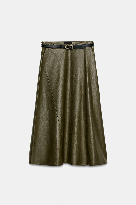 LEATHER EFFECT MIDI SKIRT WITH BELT - Khaki by Zara - Image 0