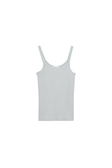 Front view of a light blue vest top with thin straps, a round neckline, and a straight hem.