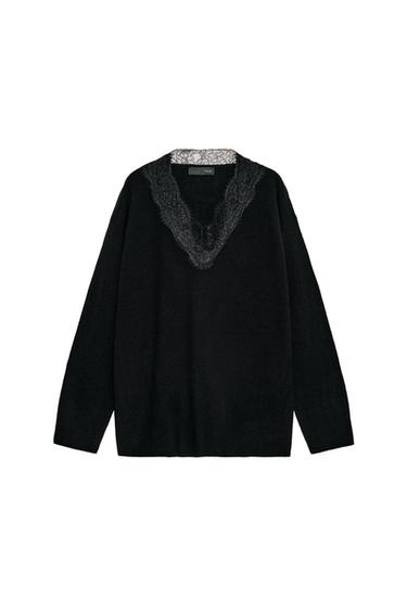 PULL EN MAILLE AVEC DENTELLE - Noir de Zara