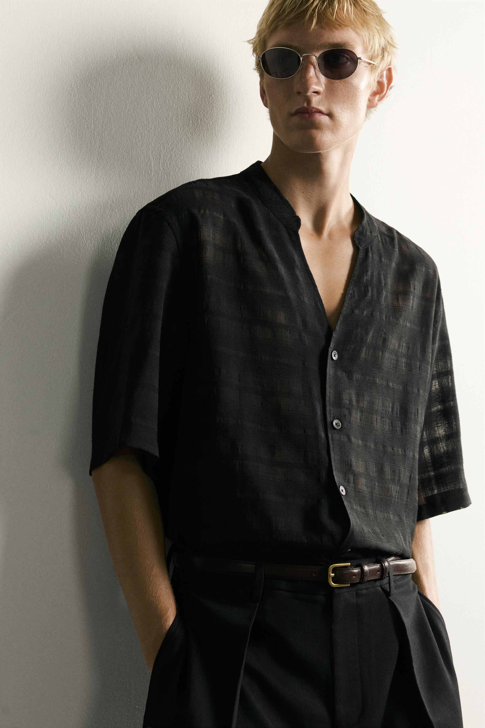 Мужские рубашки Zara SEMI-SHEER CHECK JACQUARD SHIRT — фото 5