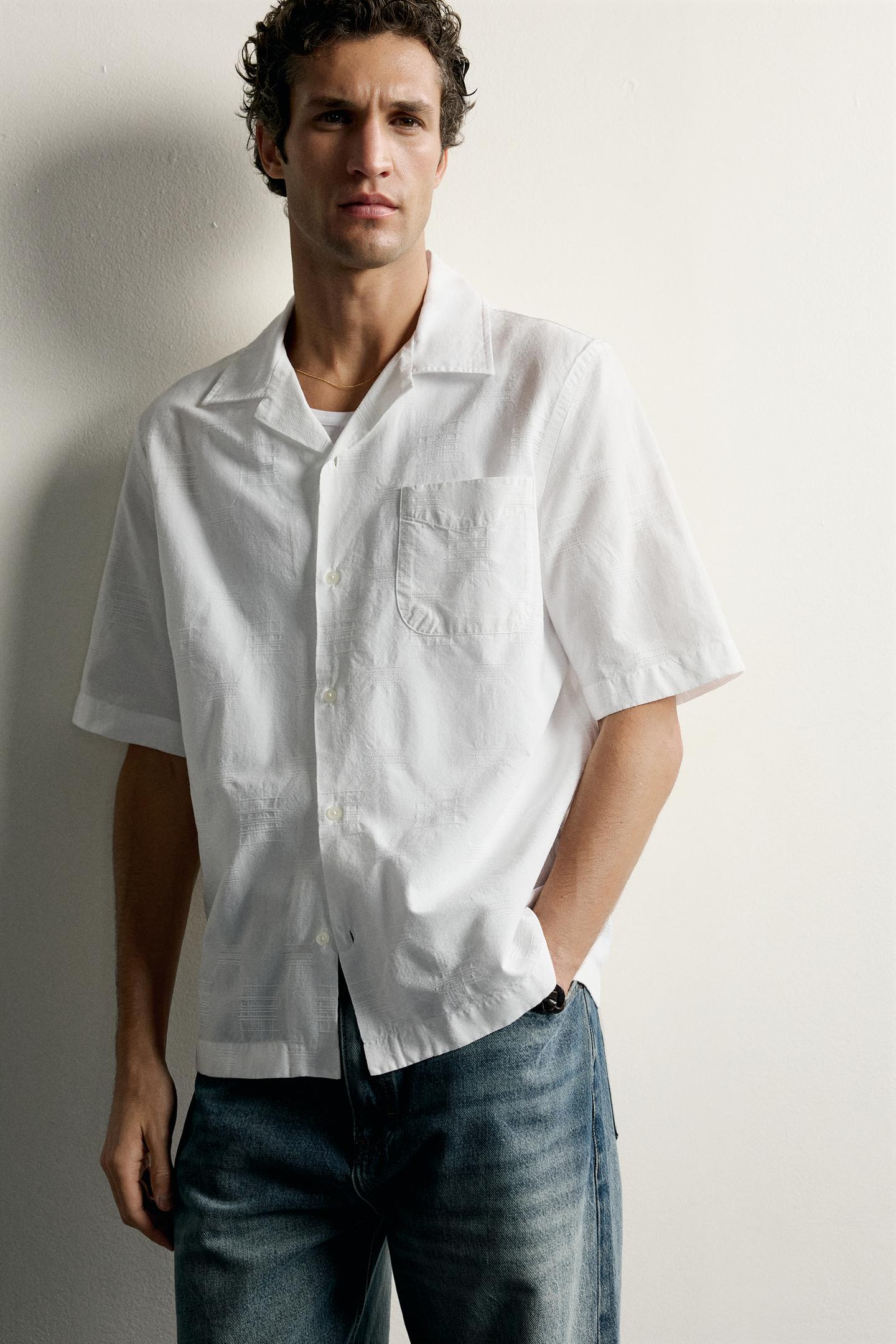 Мужская рубашка Zara Cotton-Viscose Jacquard, цвет: Устричный белый — фото 6