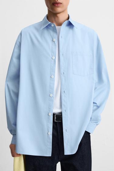CHEMISE EN POPELINE AVEC POCHE - Bleu ciel de Zara - Image 4