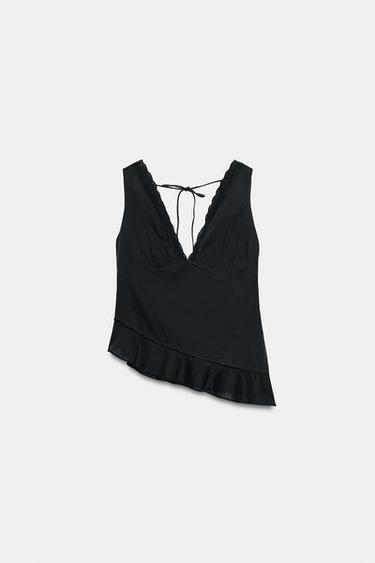 FLUID TOP WITH EMBROIDERED RUFFLES - Black by Zara - Image 7