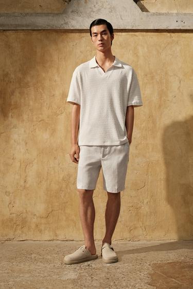 Zara 棉質/亞麻百慕達短褲 - 淺米色