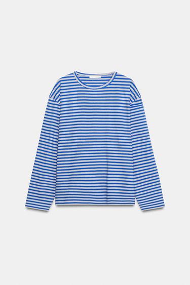 STRIPED COTTON AND LINEN T-SHIRT - Grey / Blue by Zara