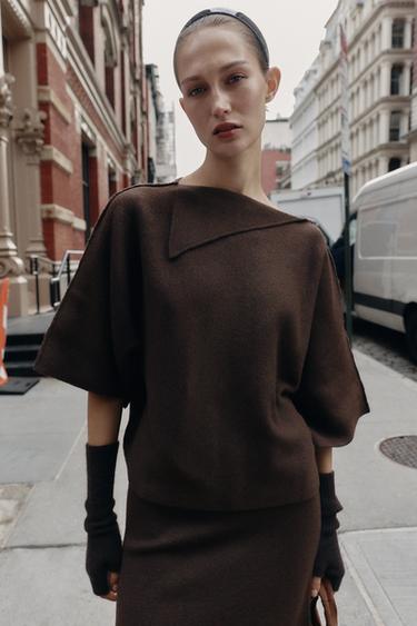 Zara LAPEL COLLAR KNIT JUMPER - Brown