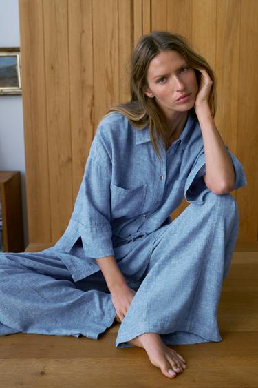 PANTALON LARGE À PINCES AVEC LIN - Bleu clair de Zara - Image 5