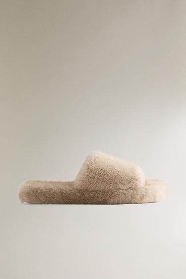 Zara FAUX FUR FLATFORM SLIPPERS - Sandy Brown