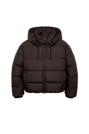 Front view of a brown padded anorak with adjustable hood, zip fastening, and front pockets.