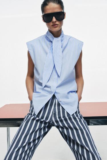 РУБАШКА В ПОЛОСКУ С ЗАВЯЗКАМИ — ZW COLLECTION — Синий/Белый от Zara