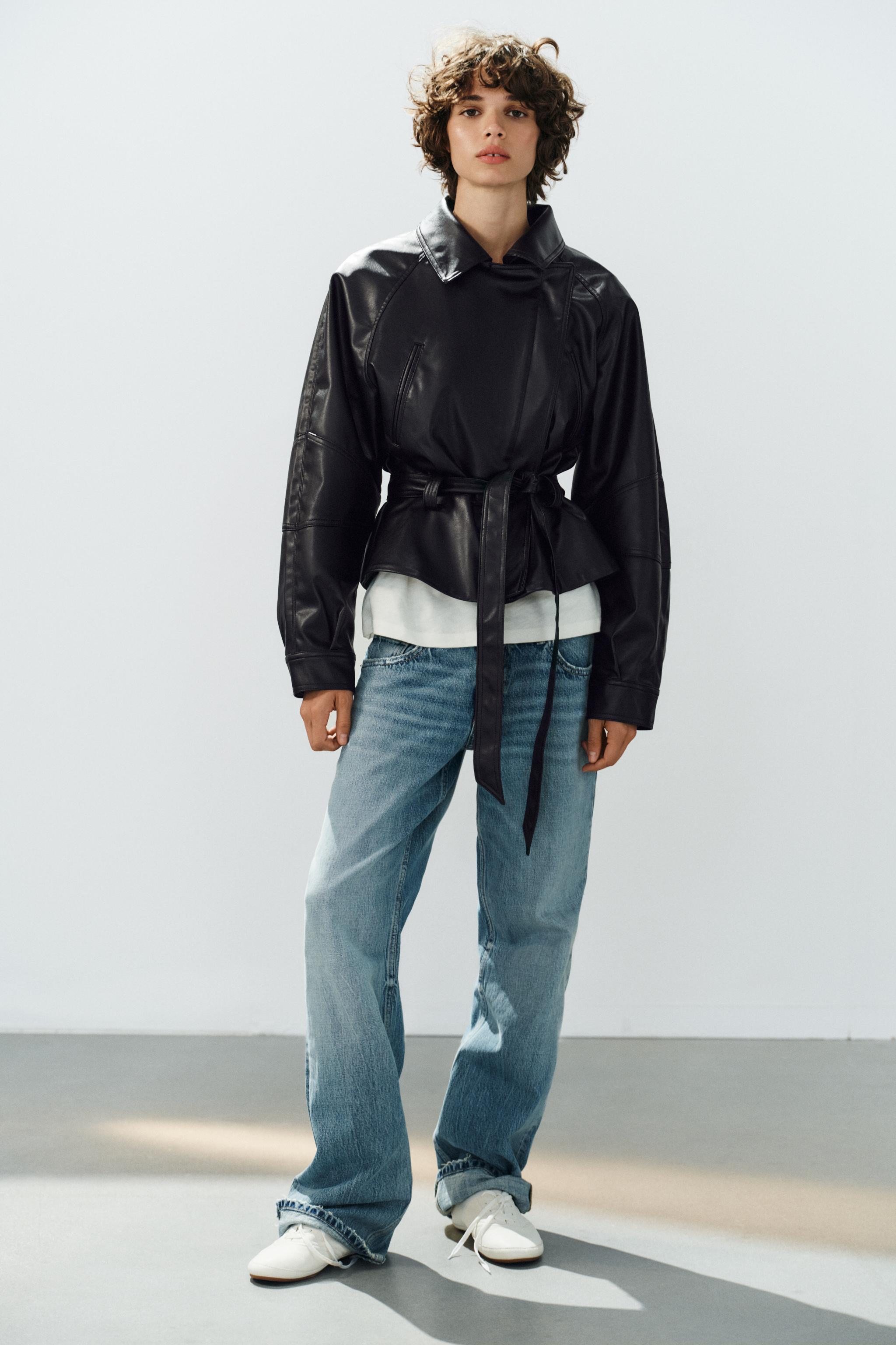 FAUX LEATHER BELTED JACKET — Black
