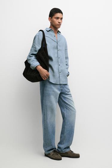 Zara Regular fit 100% linen delavé shirt - Bluish - Image 0